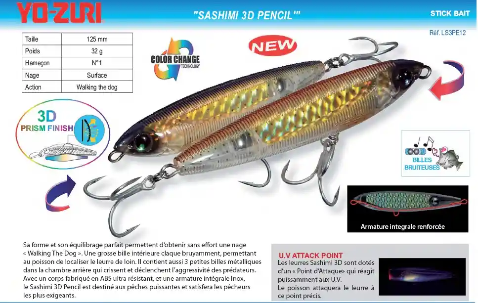 Quantité Limitée Leurre Sashimi 3D Pencil Yo-Zuri 12.5 cm